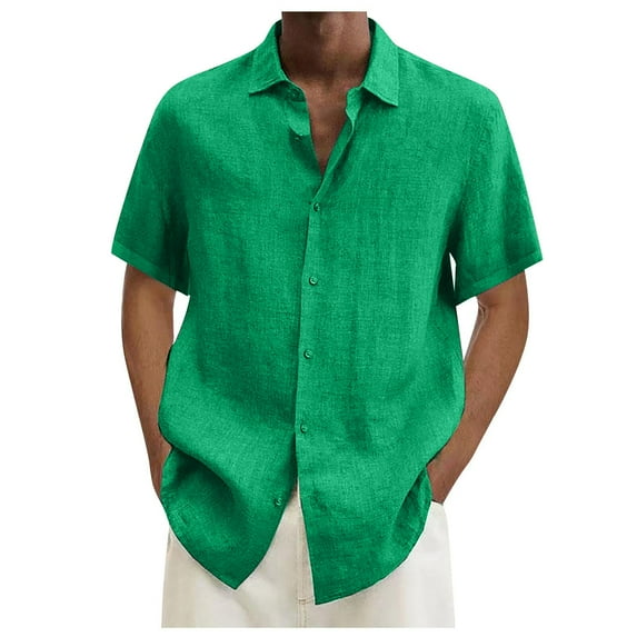 Cuoff Designer Spring Summer Men's Casual Cotton Linen Solid Color Short Sleeve Shirts Loose Shirts Green 2X
