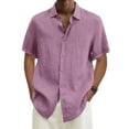 thumbnail image 1 of Cuoff Designer Spring Summer Men's Casual Cotton Linen Solid Color Short Sleeve Shirts Loose Shirts Pink 3X, 1 of 4