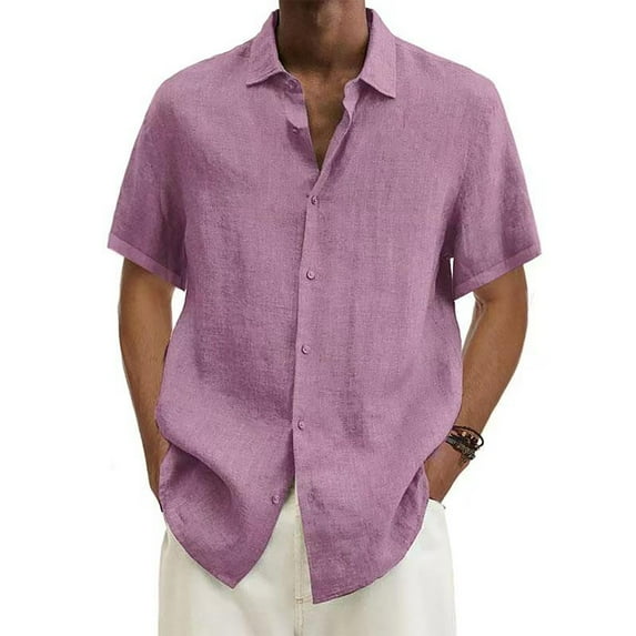 Cuoff Designer Spring Summer Men's Casual Cotton Linen Solid Color Short Sleeve Shirts Loose Shirts Pink L