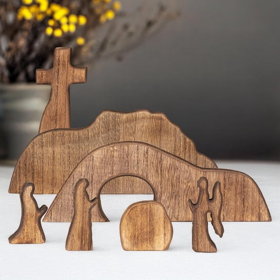 Cuoff Empty Tomb Easter Scene and Cross Decoration, Wooden Easter Resurrection Scene Cross Jesus Tomb Tray Set, Jesus Nativity Scene Decor for Religious Home Office Tabletop Christian Gifts