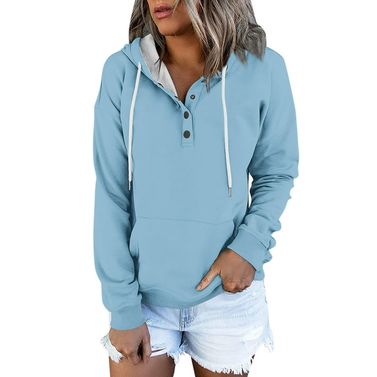 Cuoff Hoodie Sweatshirt for Women Women's Casual Fashion Solid Color Long  Sleeve Pullover Hoodies Sweatshirts Light Blue 2X