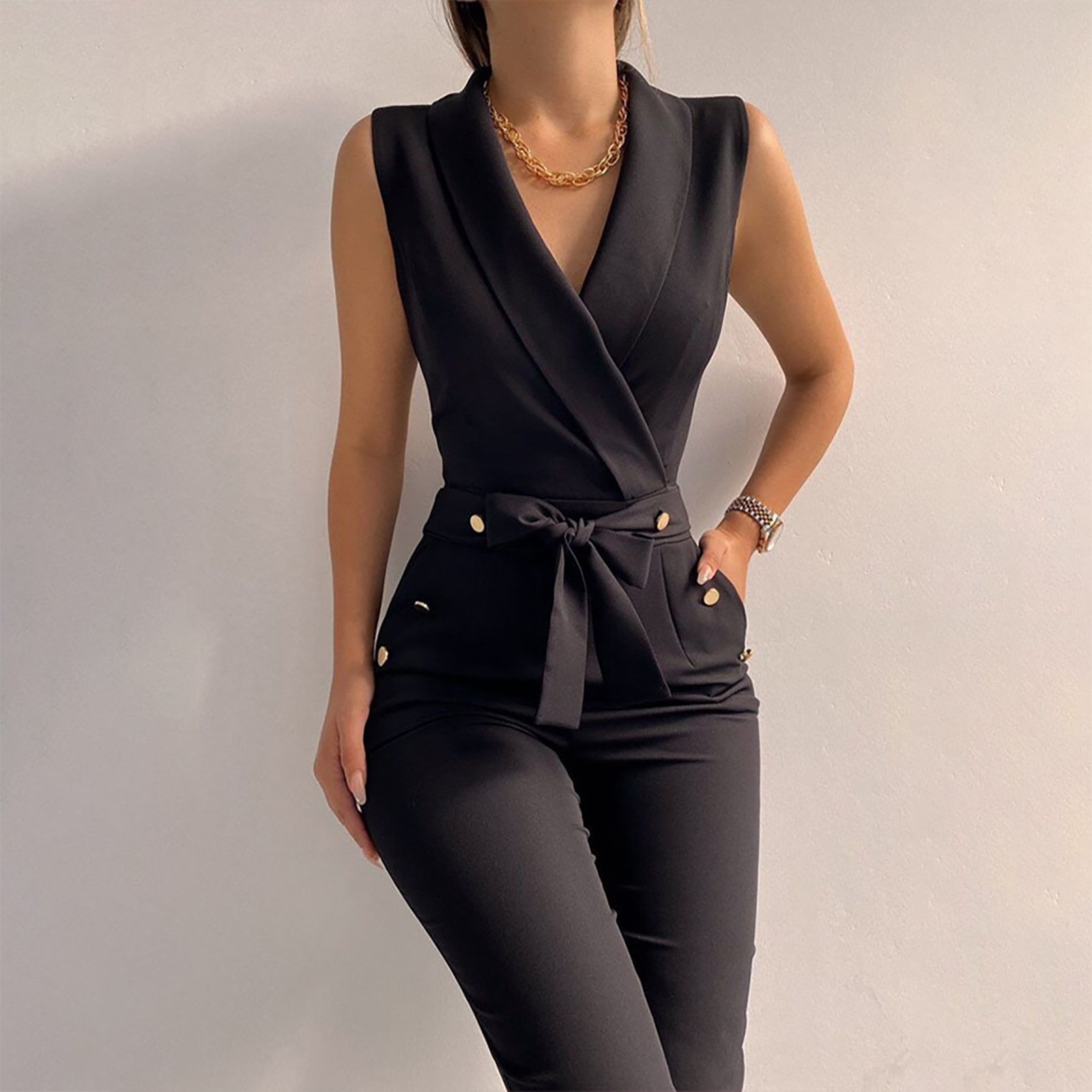 Cuoff Jumpsuits for Women Fashion Solid Color T Wist Button VNeck