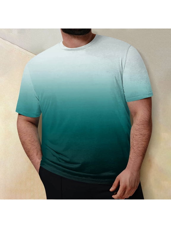 Men's Large Size Loose Casual Gradient Short Sleeve Round Neck T-Shirt Top Cyan 5X