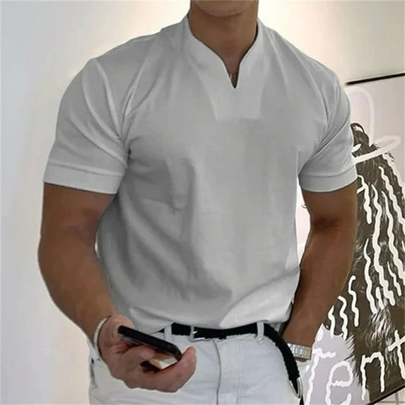Cuoff Men's casual solid color V-neck gentleman's business short-sleeved fitness T-shirt Light Gray 1X