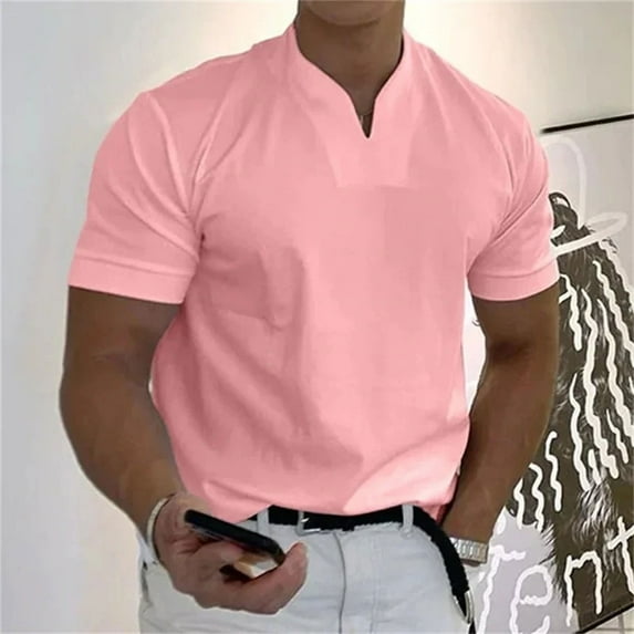 Cuoff Men's casual solid color V-neck gentleman's business short-sleeved fitness T-shirt Pink 3X