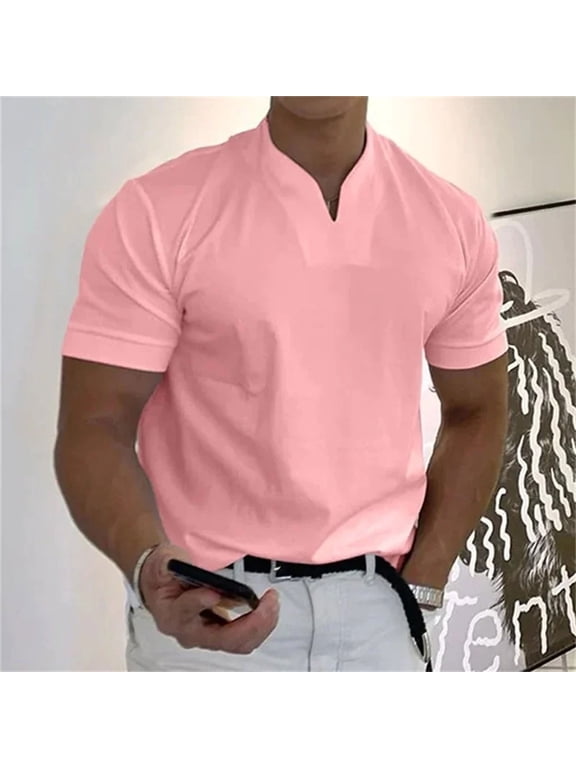 Cuoff Men's casual solid color V-neck gentleman's business short-sleeved fitness T-shirt Pink 3X