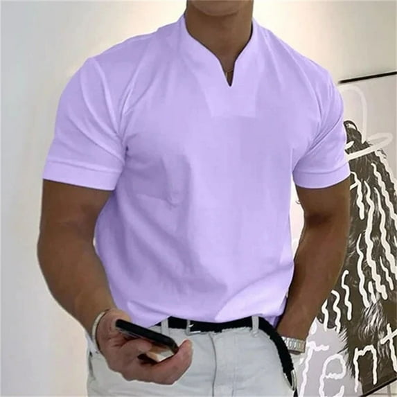 Cuoff Men's casual solid color V-neck gentleman's business short-sleeved fitness T-shirt Purple 1X
