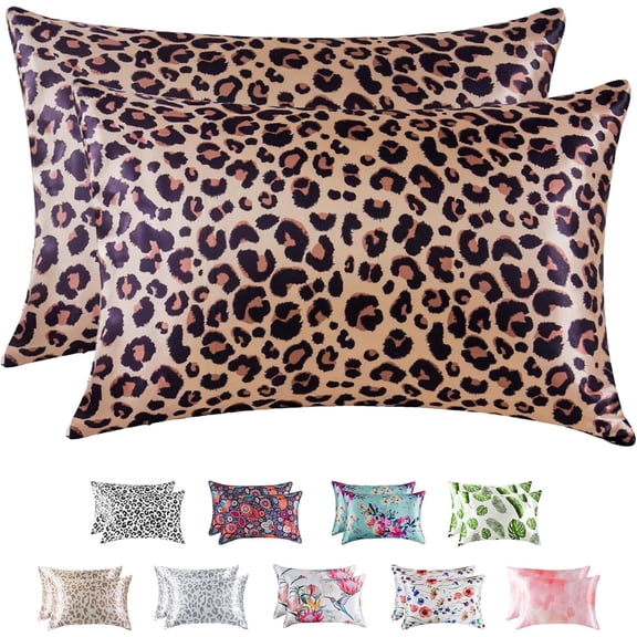 Cuoff Satin Pillowcase for Hair and Skin, Silk Satin Pillowcase 2 Pack, Queen Size Pillow Cases Set of 2, Silky Pillow Cover with Envelope Closure (20x30, Brown Leopard)