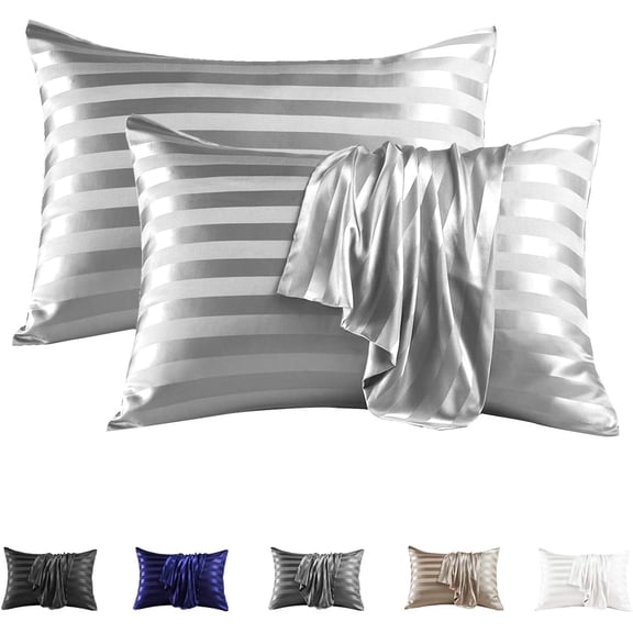 Cuoff Satin Pillowcase for Hair and Skin, Silk Satin Pillowcase 2 Pack, Standard Size Pillow Cases Set of 2, Silky Pillow Cover with Envelope Closure (20x26, Silver Grey Striped)