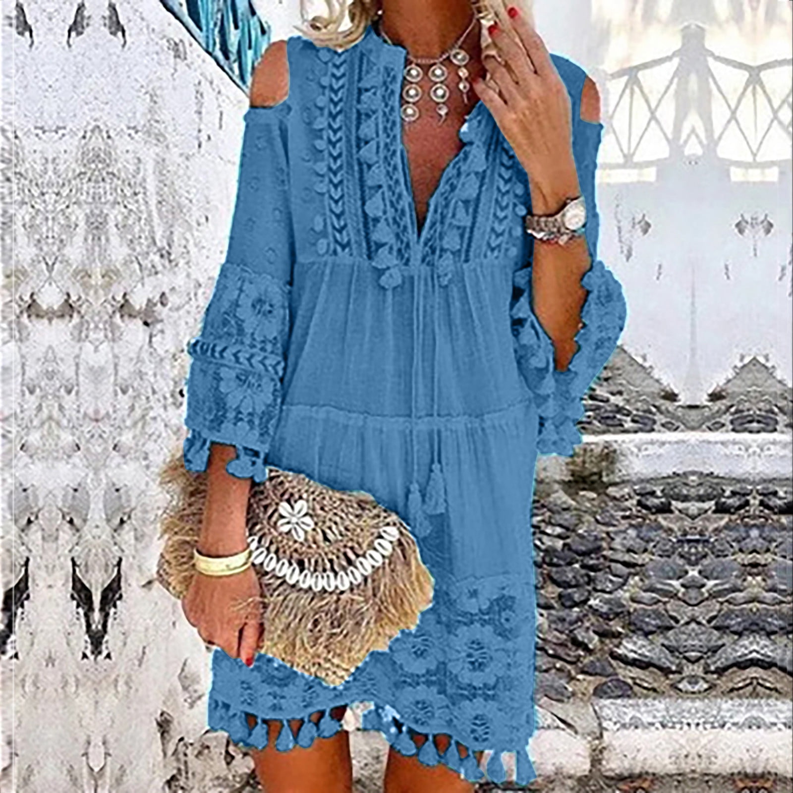 Women Plus Size Summer Boho Tassel Tiered Mini Dress 3/4 Sleeve Cold  Shoulder Lace Spliced Beach Dresses