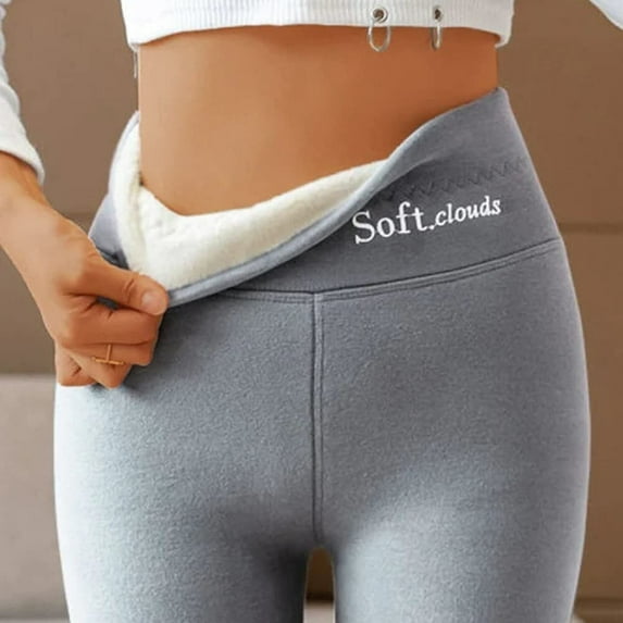 Cuoff Warm Casual Winter Solid Pants, Soft Clouds Fleece Leggings Women Winter Leggings