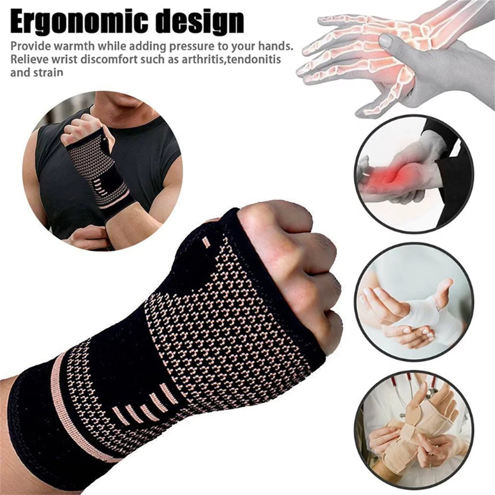 Cuoff Winter Copper Wrist Hand Brace Support Fit Carpal Tunnel Splint Strap Sprain Arthritis Gloves Black