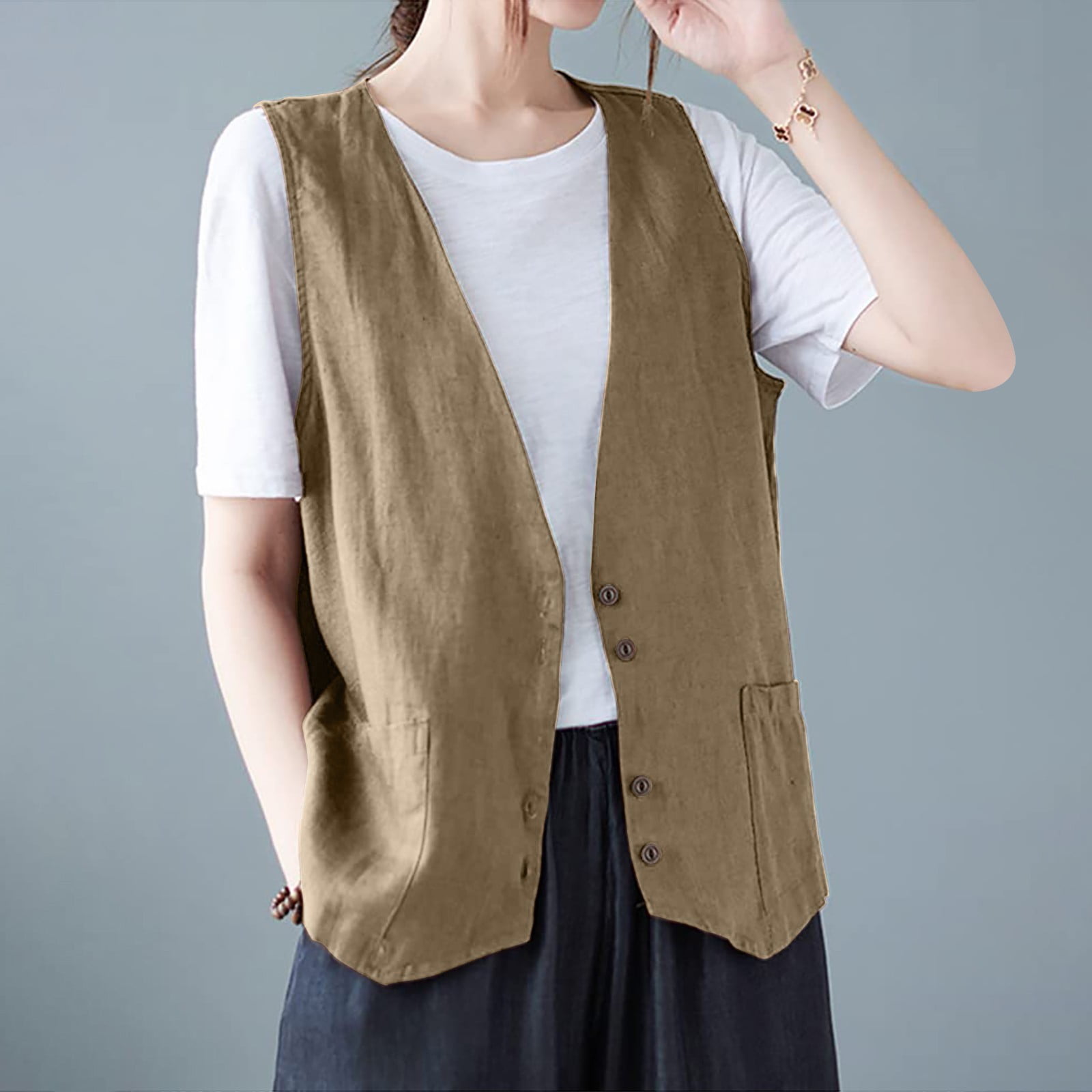 Cuoff Womens Coats Jackets for Women Sleeveless Cotton Linen Vest - Main Image