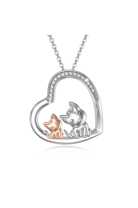 925 Sterling Silver Heart Cat and Dog Pendant Necklace 18 in Cable Chain Includes Cleaning Cloth and Gift Box