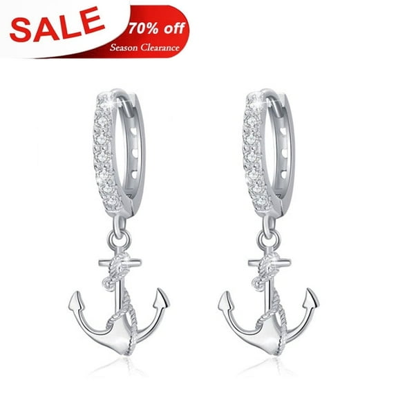 Cuoka Anchor Hoop Earrings 925 Sterling Silver Punk Dangle Drop Earrings for Women Mom Wife 18K White Gold Plated Birthday Jewelry for Sensitive Ears
