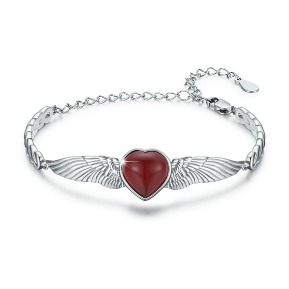 Cuoka Angel Wings Bangles 925 Sterling Silver Heart Red Onyx Bracelets Promise Bracelet 18K White Gold Plated Hypoallergenic Opal Jewelry Birthday Xmas Gift for Women Girls Daughter Mom Wife