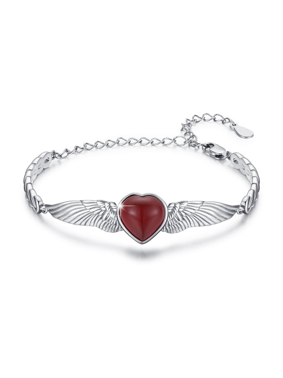 Angel Wings Bangles 925 Sterling Silver Heart Red Onyx Bracelets Promise Bracelet 18K White Gold Plated Hypoallergenic Opal Jewelry Birthday Xmas Gift for Women Girls Daughter Mom Wife