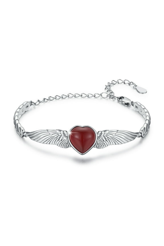 Angel Wings Bangles 925 Sterling Silver Heart Red Onyx Bracelets Promise Bracelet 18K White Gold Plated Hypoallergenic Opal Jewelry Birthday Xmas Gift for Women Girls Daughter Mom Wife