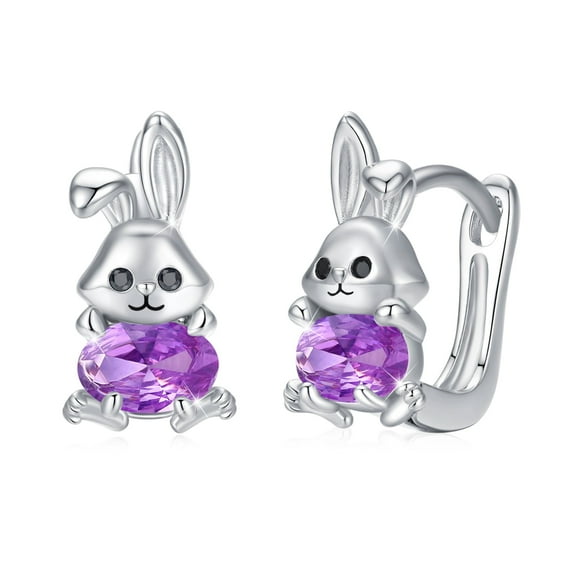Cuoka Bunny Hoop Earrings 925 Sterling Silver Purple Zirconia Rabbit Earrings for Women 18K White Gold Plated Hypoallergenic Jewelry Birthday Xmas Gift for Sensitive Ears