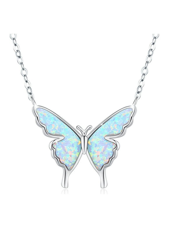 Cuoka Butterfly Necklace, Opal Jewelry Pendant Necklaces for Women, White Gold Plated Hypoallergenic Sterling Silver 18'' Charm Necklaces, Girls Gifts for Birthday Christmas