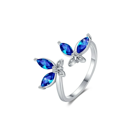 Cuoka Butterfly Ring 925 Sterling Silver Blue Zirconia Rings 18K White Gold Plated Adjustable Charm Ring Zirconia Jewelry Birthday Xmas Gift for Women Wife Mom