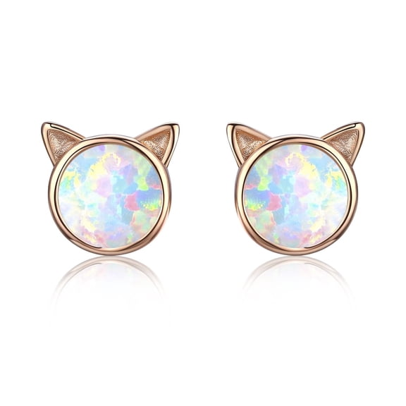 Cuoka Cat Earrings 925 Sterling Silver Opal Stud Earrings Valentines Day Gifts for Wife Women Mom 18K Rose Gold Plated Hypoallergenic Birthday Jewelry for Sensitive Ears