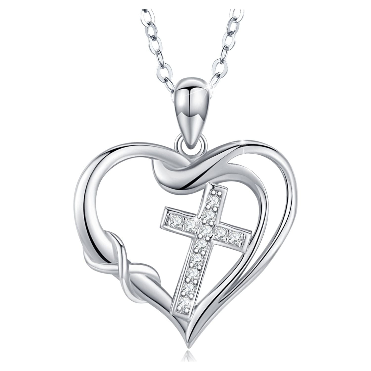 Cuoka Cross Necklace White Gold Plated Heart Pendant Necklaces for Women,Sterling Silver Jewelry Cross Necklace 18'' Jewelry Gift for Girlfriend Valentine Mom