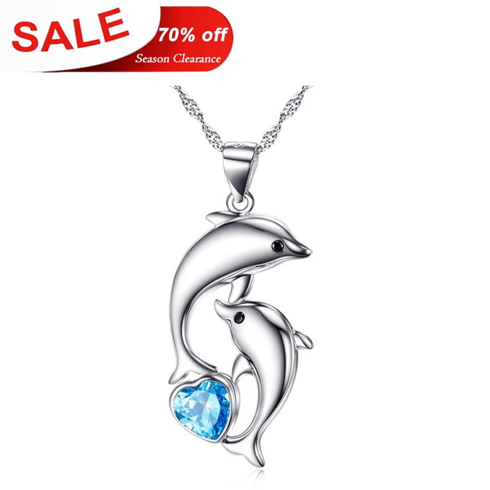 Cuoka Dolphin Necklace Heart CZ Pendant Necklaces 925 Sterling