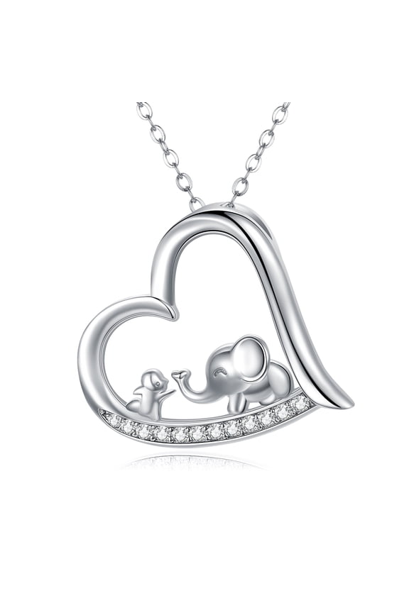 Elephant Necklace 925 Sterling Silver Heart Pendant Necklaces with Cubic Zirconia 18K White Gold Plated 18'' Chain Cute Animal Jewelry Birthday Xmas Gift for Women Mom Wife