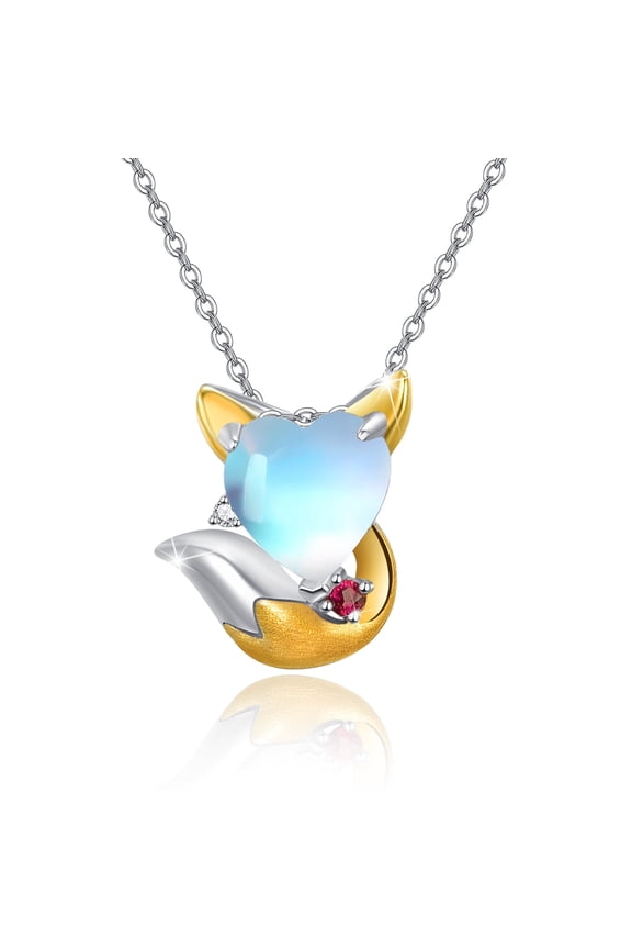 Fox Necklace 925 Sterling Silver Heart Moonstone Pendant Necklaces 18K Yellow Gold Plated Hypoallergenic Jewelry Birthday Xmas Gift for Women Mom Wife