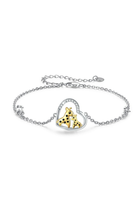 Giraffe Bracelet 925 Sterling Silver Adjustable Heart Bracelets 18K White Gold Plated 7+2'' Cute Animal Hypoallergenic Fashion Jewelry Birthday Xmas Gift for Girls Daughter Women