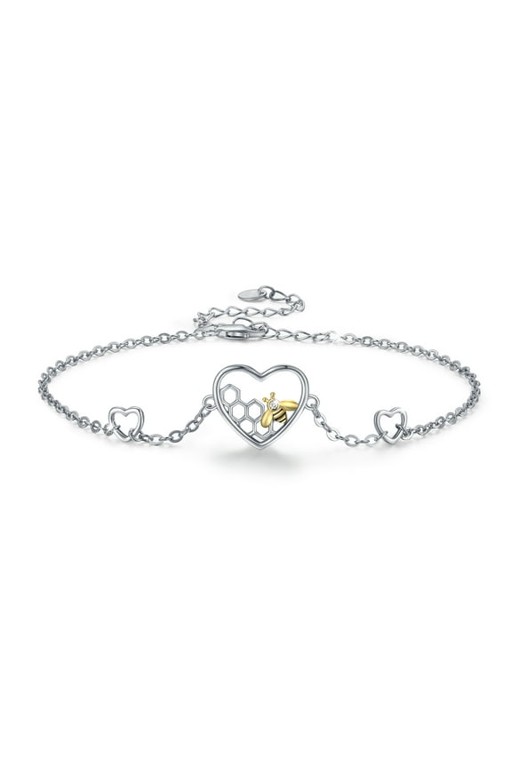 Heart Bracelet 925 Sterling Silver Cute Bee Bracelets 7+2'' Adjustable Chain 18K White Gold Plated Hypoallergenic Fashion Jewelry Birthday Xmas Gift for Girls Kids Daughter Women