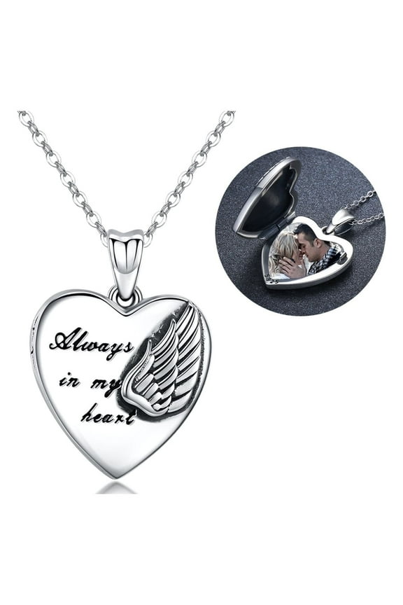 Heart Locket Necklace Always in my Heart 925 Sterling Silver That Can Hold 2 Photos Angel Wings Pendant Necklaces 18K White Gold Plated Jewelry Keepsake Xmas Gift for Women Mom