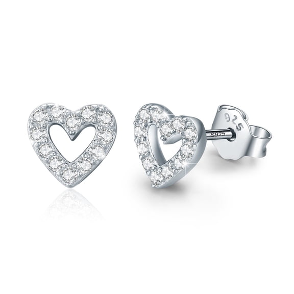 Cuoka Heart Stud Earrings 925 Sterling Silver Halo Cubic Zirconia Stud for Women 18K White Gold Plated Fashion Jewelry Birthday Valentine's Day Gift for Sensitive Ears