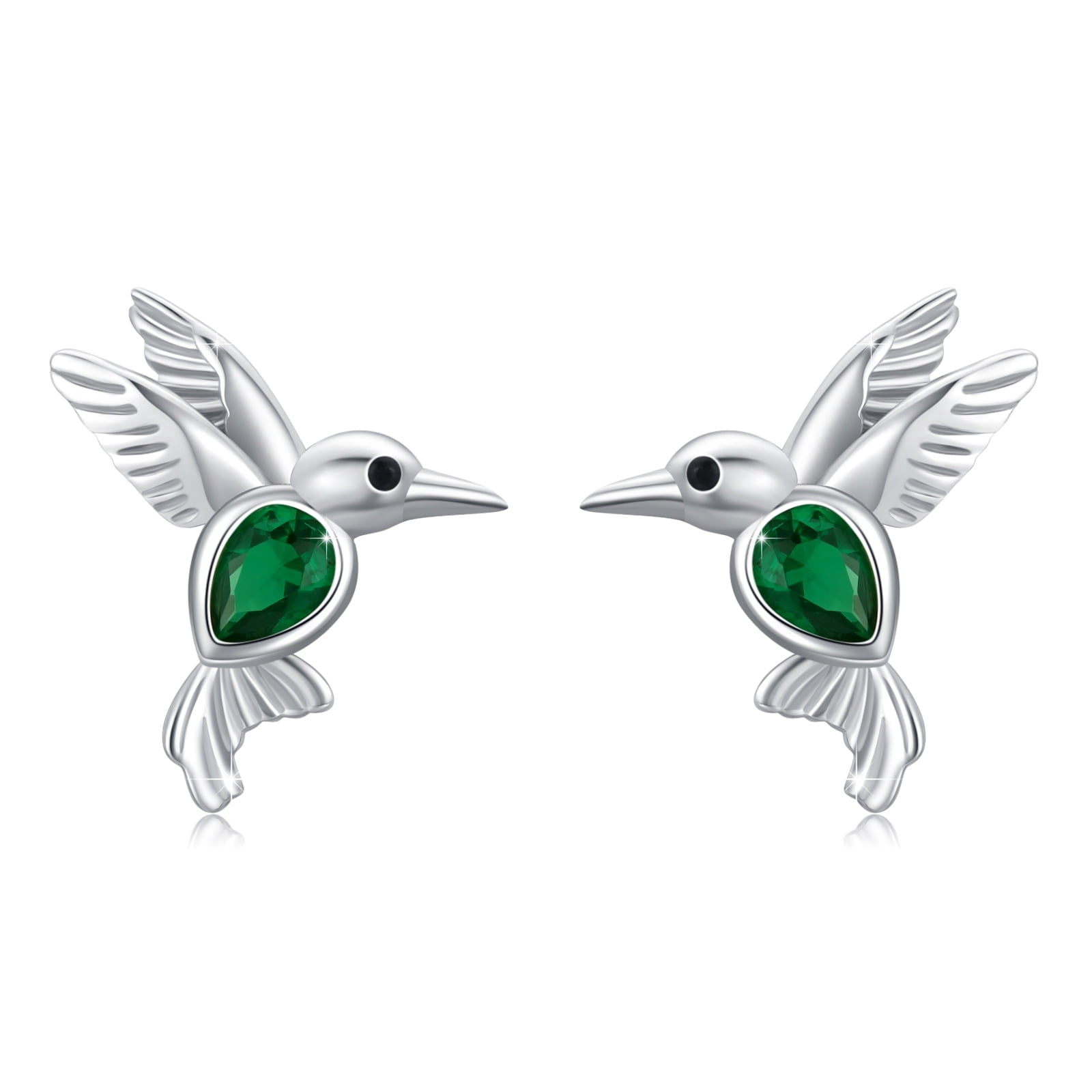Cuoka Hummingbird Stud Earrings 925 Sterling Silver Cute Earrings Green Cubic Zirconia Jewelry for Women Mom Wife Birthday Valentine's Day Gift for Sensitive Ears
