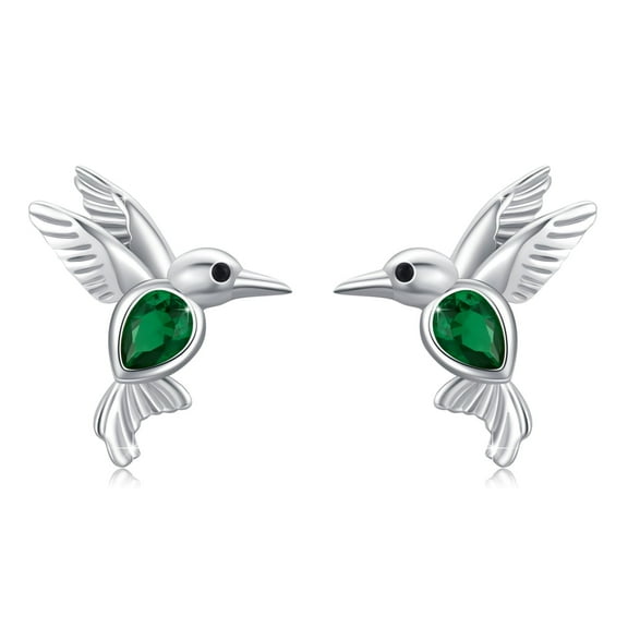 Cuoka Hummingbird Stud Earrings 925 Sterling Silver Cute Earrings Green Cubic Zirconia Jewelry for Women Mom Wife Birthday Valentine's Day Gift for Sensitive Ears