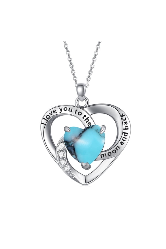 I Love You to the Moon and Back Necklace 925 Sterling Silver Turquoise Heart Pendant Necklaces 18K White Gold Plated Jewelry Birthday Valentine's Day Gift for Women Mom Wife