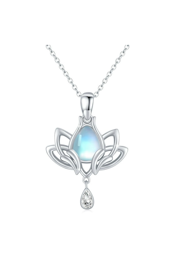 Lotus Pendant Necklace 925 Sterling Silver Moonstone Necklaces for Women Mom Wife 18K White Gold Plated Moonstone Jewelry Birthday Christmas Gifts