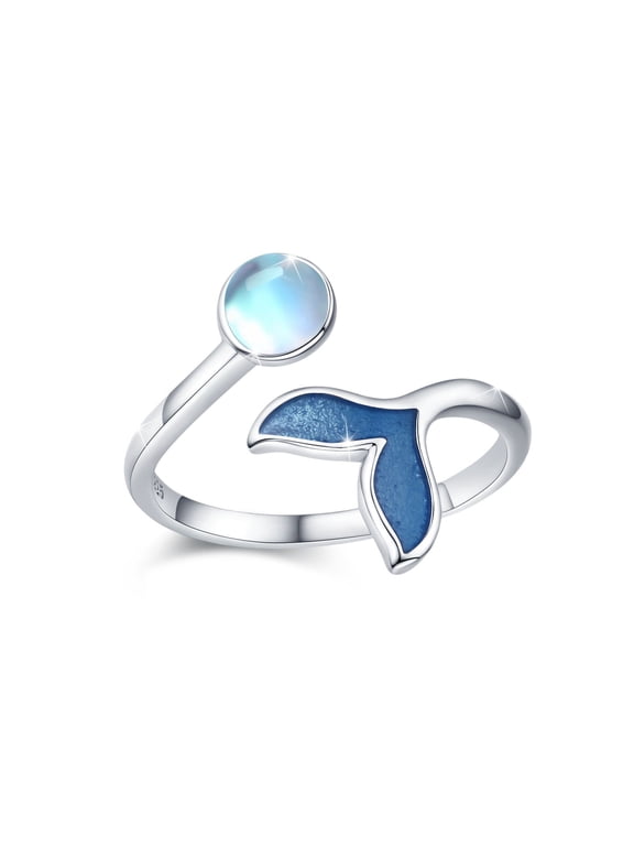 Mermaid Tail Ring 925 Sterling Silver Rainbow Moonstone Rings 18K White Gold Plated Adjustable Finger Rings Fish Tail Jewelry Birthday Xmas Gift for Women Wife Mom