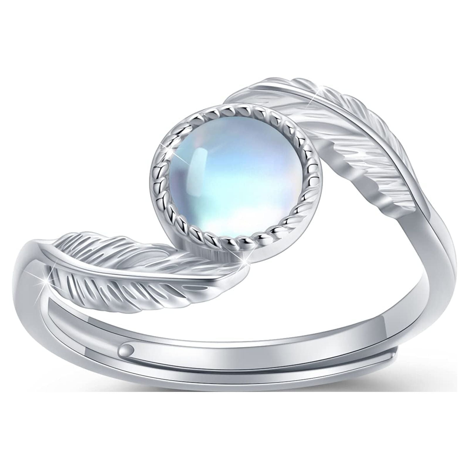 Cuoka Moonstone Ring Hypoallergenic 925 Sterling Silver, White Gold Plated Feather Angel Wing Rings for Women, Adjustable Open Ring Jewelry Gifts for Girls Girlfriend