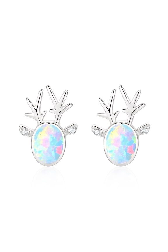 Opal Antler Stud Earrings 925 Sterling Silver Christmas Celebration Cute Deer Earrings for Women Opal Jewelry Birthday Xmas Gift for Sensitive Ears