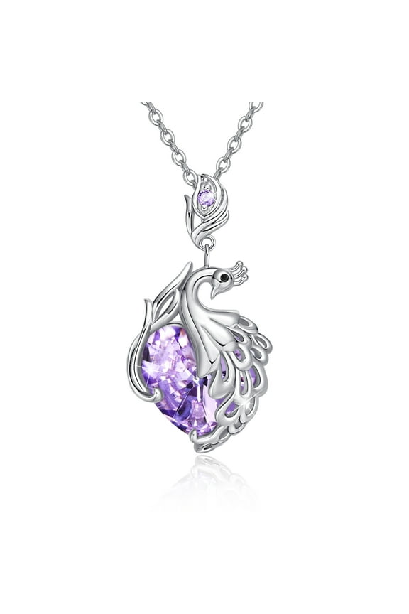 Phoenix Necklace 925 Sterling Silver Purple Heart Crystal Pendant Necklaces 18K White Gold Plated Elegent Jewelry Birthday Valentine's Day Gift for Women Daughter Mom Wife