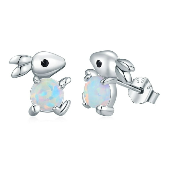 Cuoka Rabbit Stud Earrings 925 Sterling Silver Opal Bunny Earrings for Women 18K White Gold Plated Hypoallergenic Cute Animal Jewelry Birthday Xmas Gift for Sensitive Ears