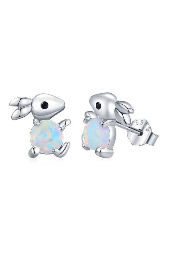 Rabbit Stud Earrings 925 Sterling Silver Opal Bunny Earrings for Women 18K White Gold Plated Hypoallergenic Cute Animal Jewelry Birthday Xmas Gift for Sensitive Ears