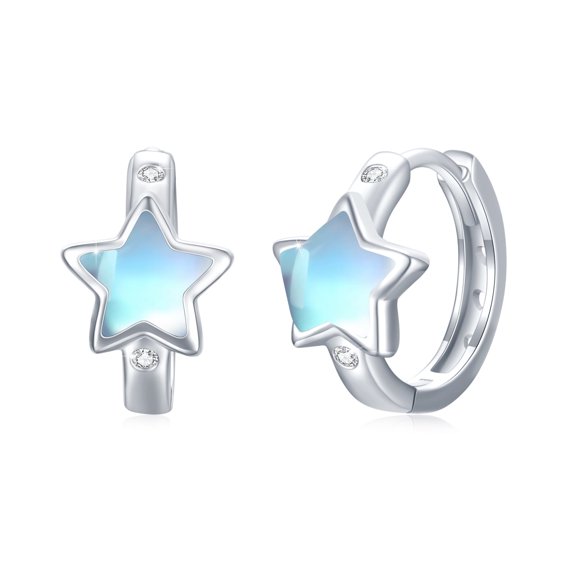Cuoka Star Earrings Hoop Earrings 925 Sterling Silver Moonstone Small Hoops for Women Wife Mom 18K White Gold Plated Hypoallergenic Jewelry Birthday Xmas Gift for Sensitive Ears