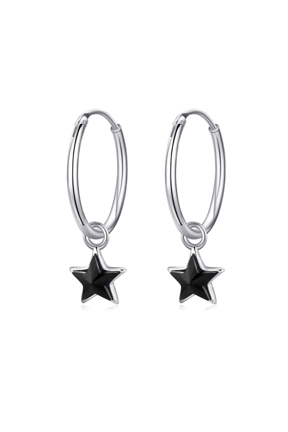 Star Hoop Earrings 925 Sterling Silver Black Crystal Dangle Earrings for Women 18K White Gold Plated Crystal Jewelry Birthday Xmas Gift Hypoallergenic for Sensitive Ears