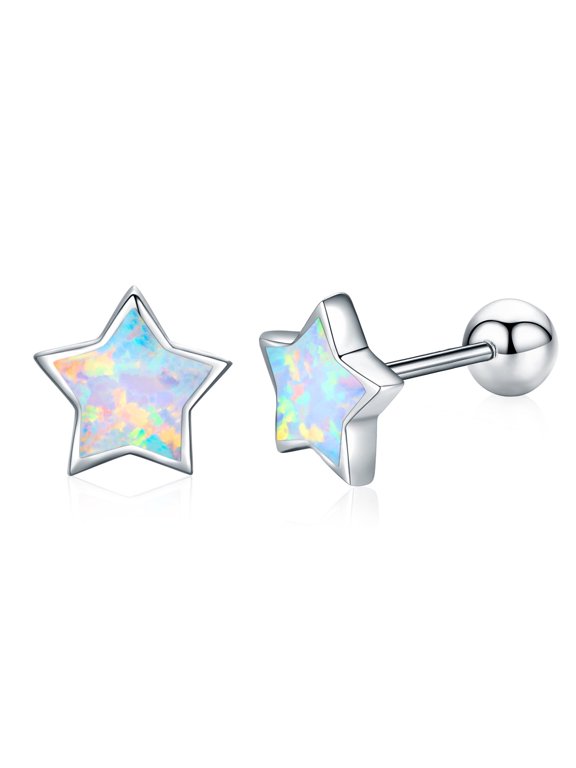 Star Stud Earrings 925 Sterling Silver Opal Stud 18K White Gold Plated Hypoallergenic Earrings for Women Mom Jewelry Birthday Xmas Gifts for Sensitive Ears