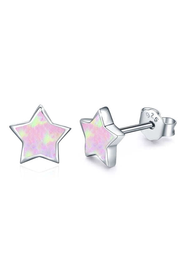 Star Stud Earrings 925 Sterling Silver Pink Opal Earrings for Women friends Mom Wife 18K White Gold Plated Hypoallergenic Opal Jewelry Birthday Xmas Gift for Sensitive Ears