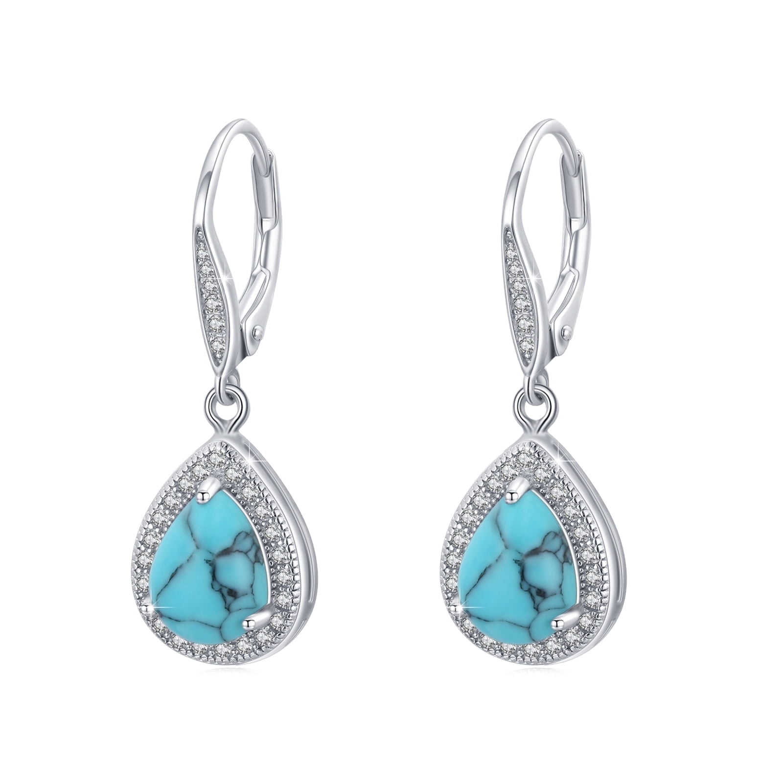 Cuoka Turquoise Hoop Earrings 925 Sterling Silver Dangle Drop Earrings with Halo Zirconia for Women Mom Wife 18K White Gold Plated Turquoise Jewelry Birthday Valentine's Day Gift