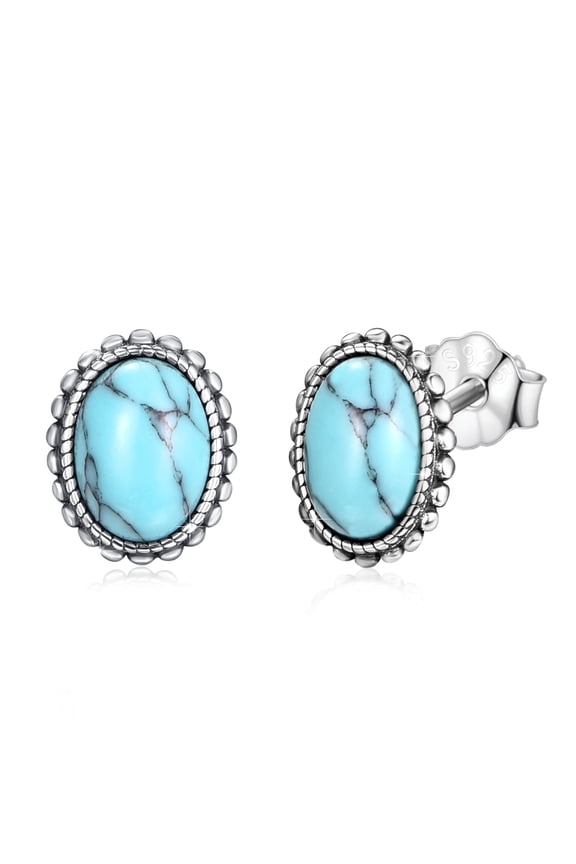 Turquoise Stud Earrings 925 Sterling Silver Fashion Oval Earrings for Women Mom Wife 18K White Gold Plated Hypoallergenic Turquoise Jewelry Birthday Xmas Gift for Sensitive Ears